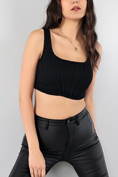 Genel Markalar Kadın Siyah Fitilli Kadın  Crop