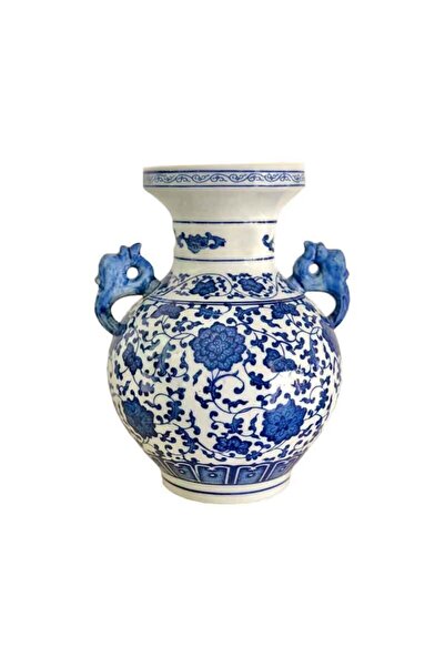 Design State Home Bleu Blanc Porselen Kulplu Küp Vazo