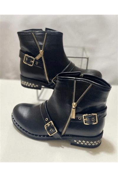 İriadam 41,42,43,44 Nr1521 Black Leather Buckle Warm Astae Comfort Comfortable Rubber Sole Large Size Women's Boots