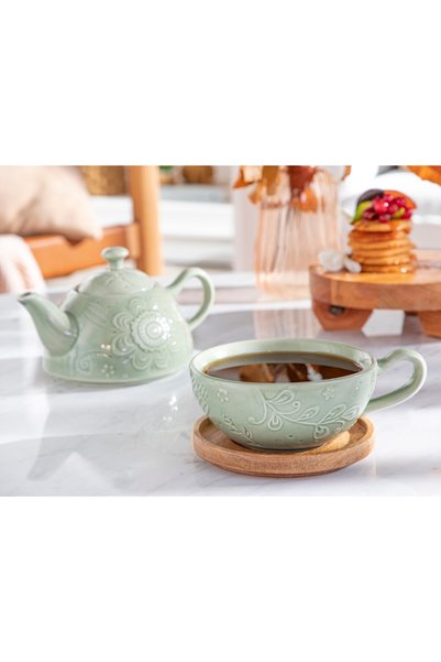 English Home Floral Poem Stoneware Demlık Seti 350 ml 250 ml Yeşil