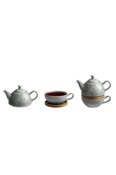 English Home Floral Poem Stoneware Demlık Seti 350 ml 250 ml Gri