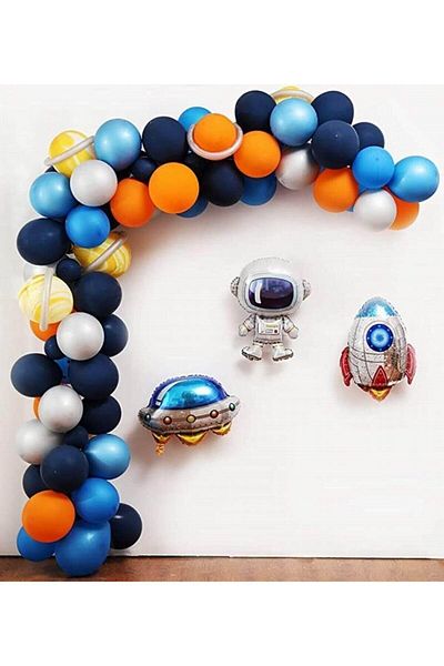 MERİ PARTİ Space Concept Balloon Chain with Foil Balloons, 100 Balloons, 5 m Chain Apparatus and Balloon Pump