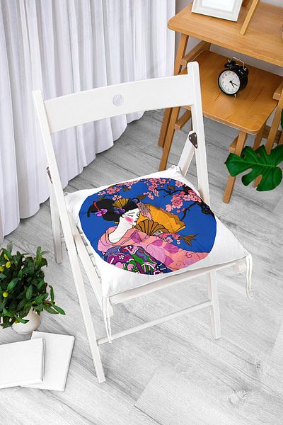 Realhomes Pernă de scaun modernă pufoasă, cu evantai cu model floral și motiv de fată japoneză