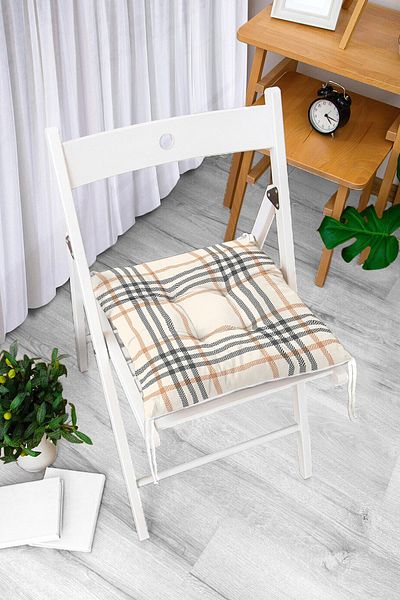 Realhomes Cream Colored Plaid Patterned Fluffy Square Chair Cushion