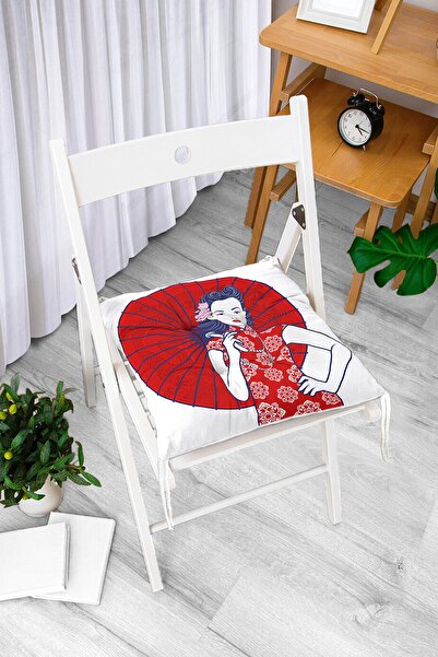 Realhomes Pufasti jastuk za stolicu sa motivom Japanki i crvenim kišobranom n...