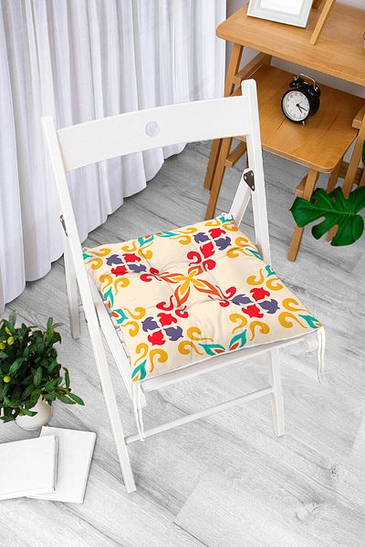 Realhomes Cream Floored Geometric Digital Printed Pouf Chair Cushion
