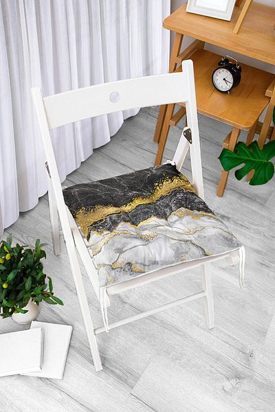 Realhomes Modern Black White Gold Marble Motif Digital Printed Pouf Chair Cushion