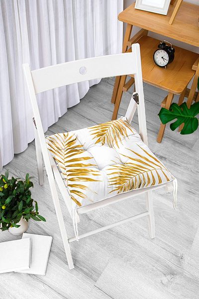 Realhomes Gold Colored Palm Leaves Digital Printed Pouf Chair Cushion