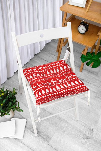 Realhomes New Year's Motifs on Red Background Digital Printed Pouf Chair Cushion