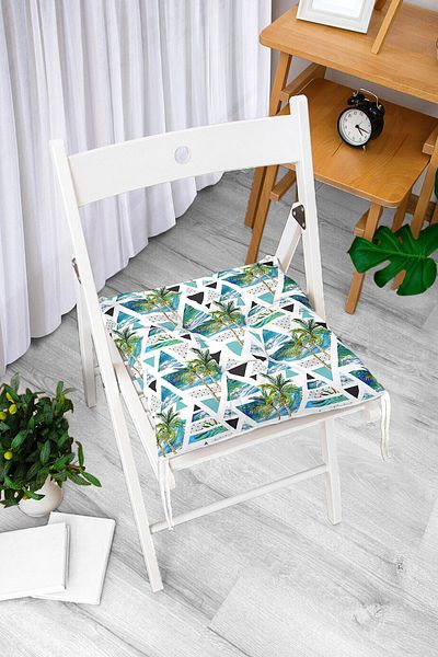 Realhomes Blue Geometric Palm Patterns Decorative Fluffy Chair Cushion