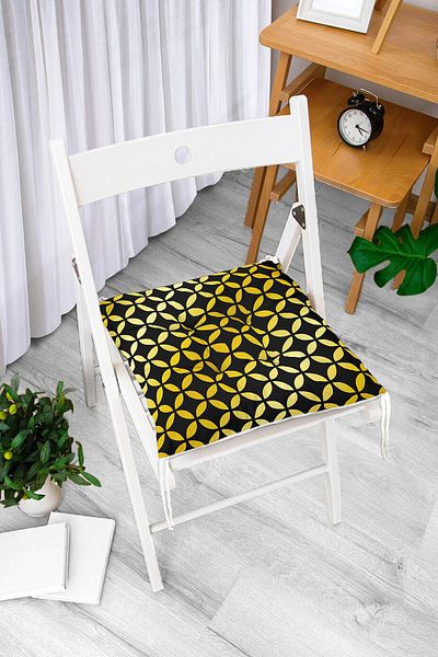 Realhomes Gold Geometric Patterned Fluffy Square Chair Cushion on Black Background