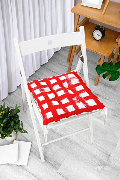Realhomes Kırmızı Zeminde Geometrik Kare Motifli Dekoratif Pofidik Sandalye M...