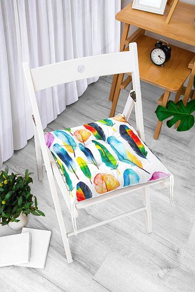 Realhomes Colorful Feathers And Leaves Illustrated Fluffy Square Chair Cushion