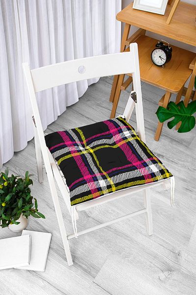 Realhomes Black Yellow Pink Plaid Patterned Digital Printed Pofidik Square Chair Cushion