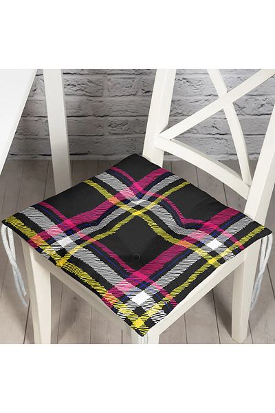 Realhomes Black Yellow Pink Plaid Patterned Digital Printed Pofidik Square Chair Cushion