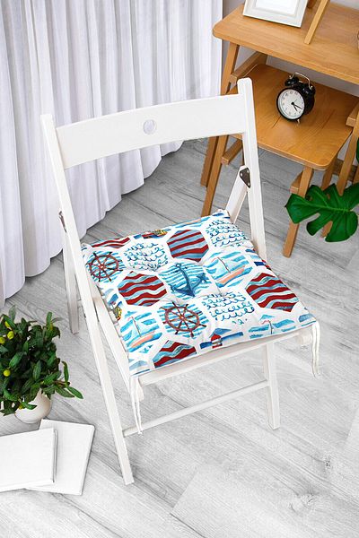 Realhomes Burgundy Blue Sailor Motif Digital Printed Pouf Chair Cushion