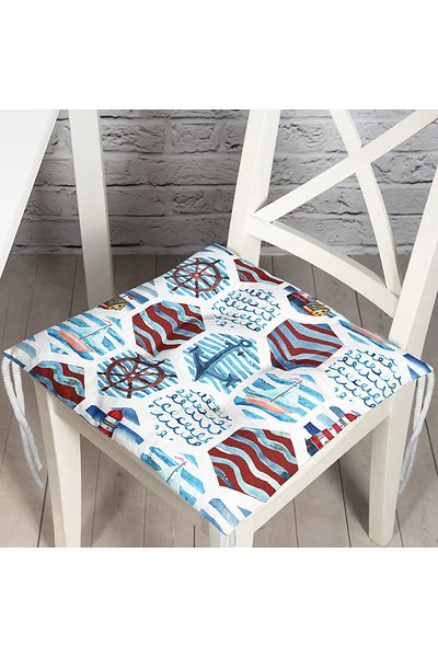 Realhomes Burgundy Blue Sailor Motif Digital Printed Pouf Chair Cushion