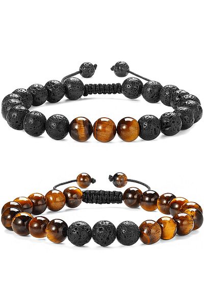 Tesbih Atölyesi Natural Lava Stone and Certified Tiger Eye and Bracelet Set