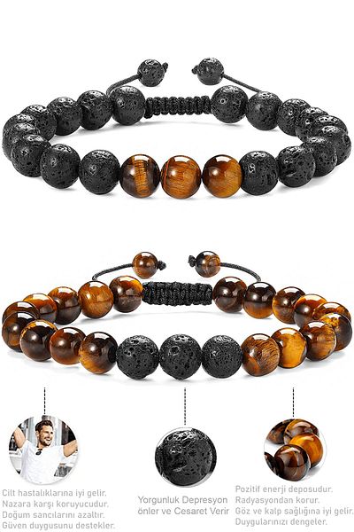 Tesbih Atölyesi Natural Lava Stone and Certified Tiger Eye and Bracelet Set
