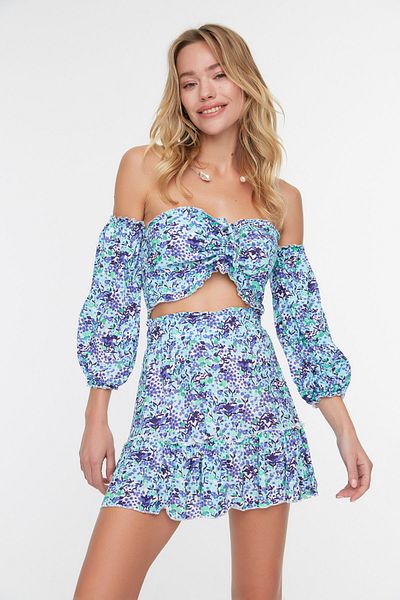 Trendyol Collection Kék virágmintás viszkóz strand alsó-felső öltöny TBESS21AU0539