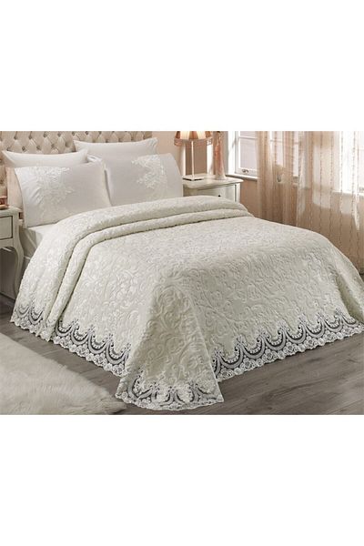 Walls Home Steel Home Collection Double French Laced Pearl Stone Embroidered Dowry Blanket Set Cream