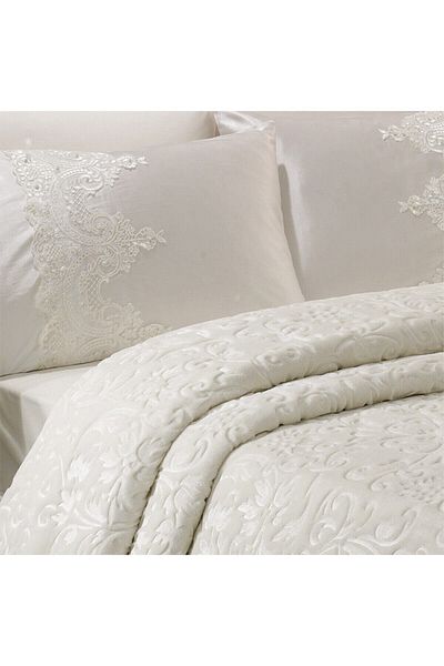 Walls Home Steel Home Collection Double French Laced Pearl Stone Embroidered Dowry Blanket Set Cream