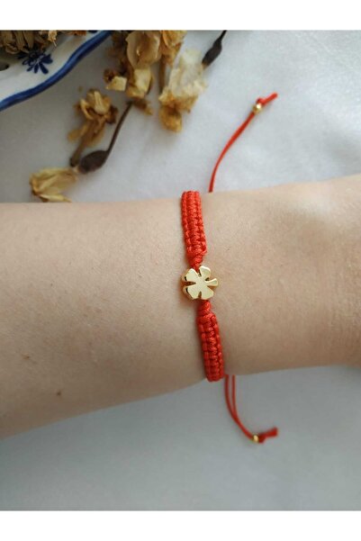 Galibarda Yonca Aparatlı Makrome Örme Bileklik-kırmızı