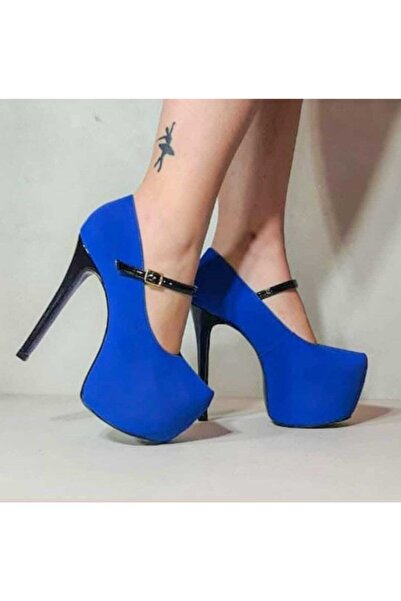 Tarz Kadın İnce Bantlı Saks Mavi Süet Topuklu Platform Ayakkabı