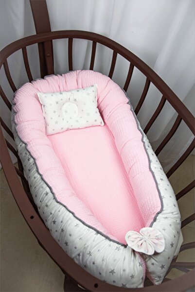 Babynest Yatak Ve Ortopedik Yastık Pembe Pikeli Kumaş Ve Gri Yıldız