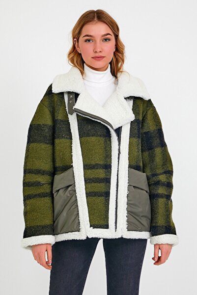 Leather Club Haki Ekose Oversize Yün Kaban