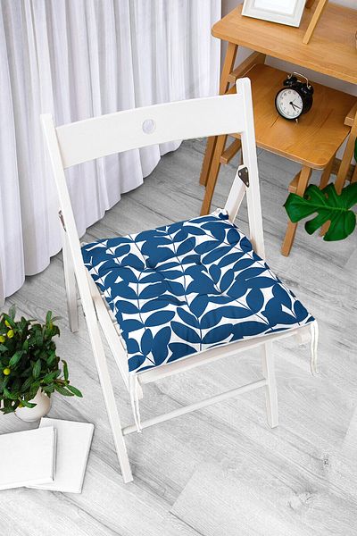 Realhomes Navy Blue Leaf Patterned Digital Printed Decorative Fluffy Chair Cushion