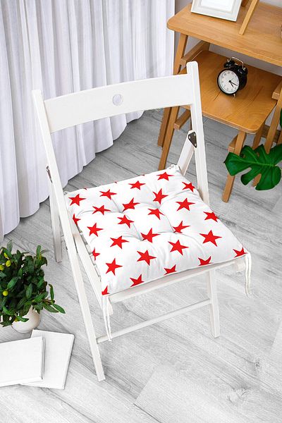 Realhomes Modern Digital Printed Fluffy Chair Cushion with Red Star Motif