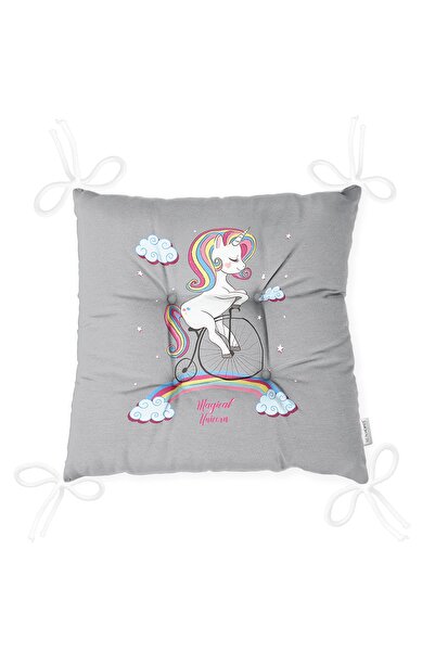 Realhomes Gri Zeminde Bisiklet Ve Unicorn Tasarımlı Çocuk Odası Pofidik Sandalye Minderi
