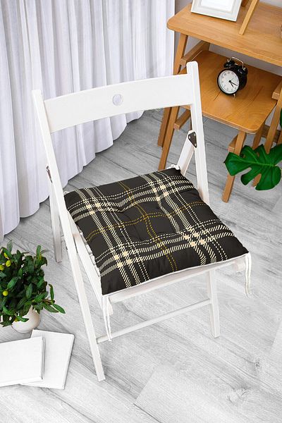 Realhomes Black Background Plaid Patterned Digital Printed Puffy Square Chair Cushion