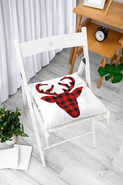 Realhomes Plaid Deer Red Black Designed Fluffy Square Chair Cushion