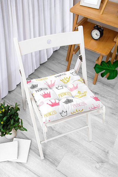 Realhomes Powder Color Princess Crown Motif Digital Printed Pouf Chair Cushion