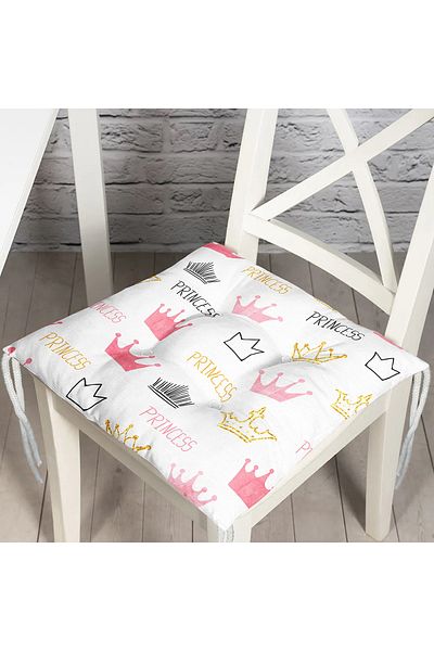 Realhomes Powder Color Princess Crown Motif Digital Printed Pouf Chair Cushion