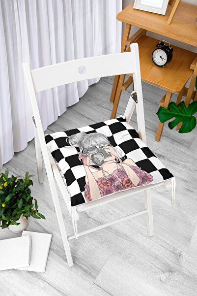 Realhomes Pernă de scaun cu puf modern imprimată digital cu podea din șah și ...