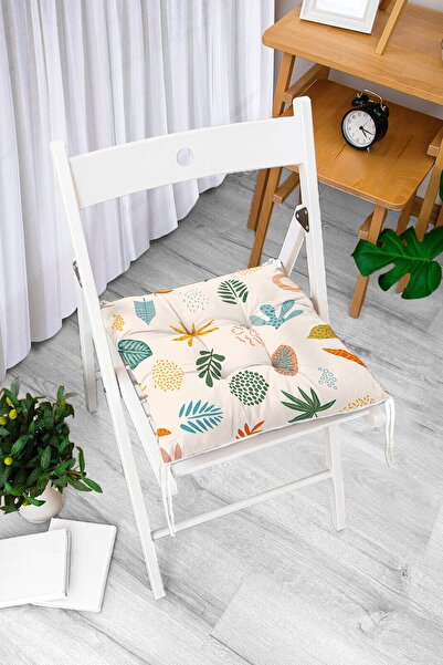 Realhomes Ekru Zeminli Yaprak Motifler Dijital Baskılı Modern Pofidik Sandalye Minderi