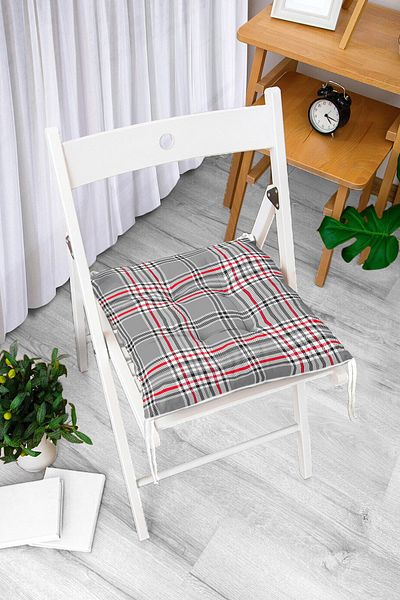 Realhomes Gray Plaid Patterned Digital Printed Modern Fluffy Chair Cushion