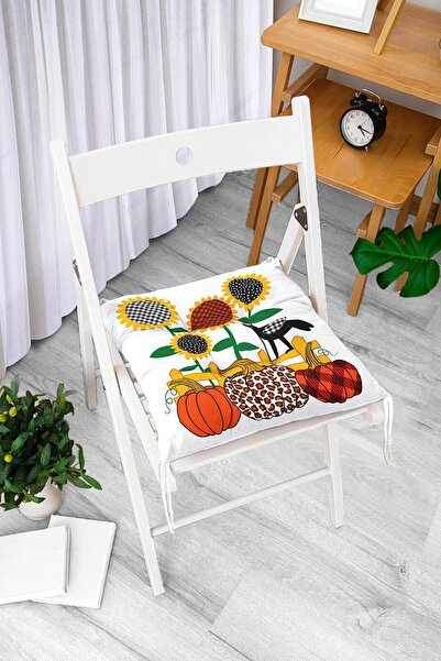 Realhomes Beyaz Zeminde Ayçiçek Desenli Ekoseli Balkabağı Dijital Baskılı Modern Pofidik Sandalye Minderi