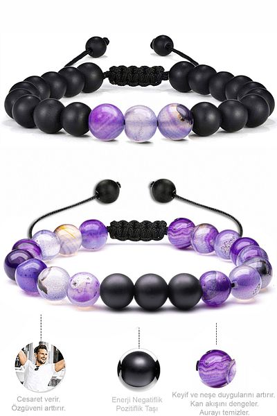 Tesbih Atölyesi Natural Amethyst Onyx Stone Natural Stone Bracelet Set