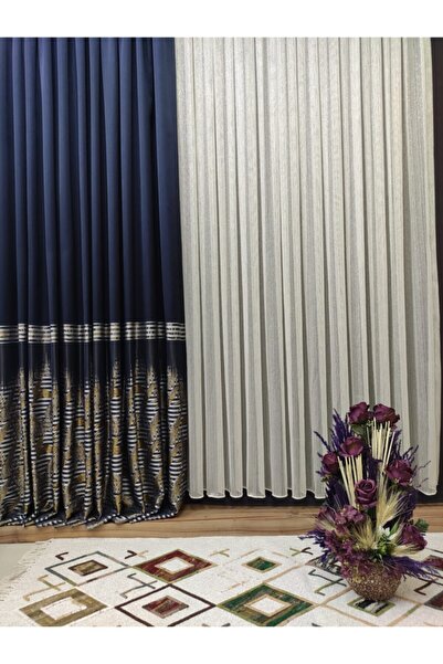 perhal perde ve halı Altın Sarı Çizgili Çelik Simli Pilesiz Tül Perde
