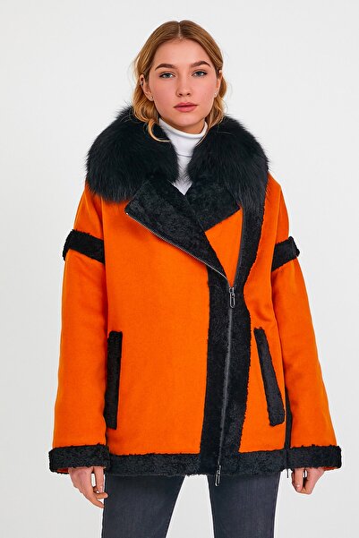 Leather Club Turuncu Siyah Fox Aksesuarlı Alpaka Kaban