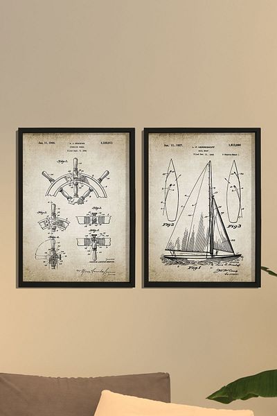 Dekor Loft Pictură murală pentru cameră de marinar cu cadru natural de pin Patentul pentru navigație și cârmă 1927