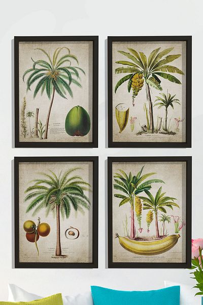 Dekor Loft Set de pictură murală cu cadru de pin natural, bananier antic și palmier