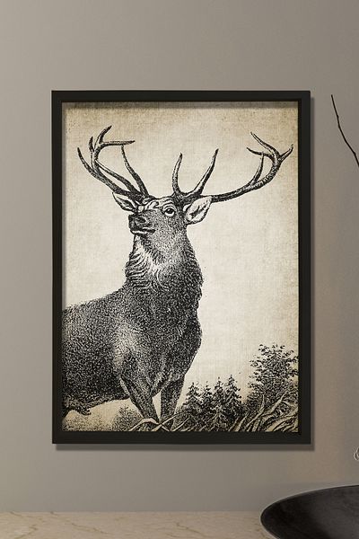 Dekor Loft Pictură de perete cu ramă de pin natural Desen cu creion de cerb