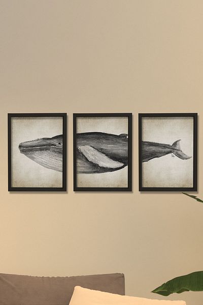 Dekor Loft Pictură murală pentru cameră de marinar cu cadru de pin natural Balenă albastră antică