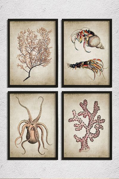Dekor Loft Set de 4 picturi murale cu rame din pin natural