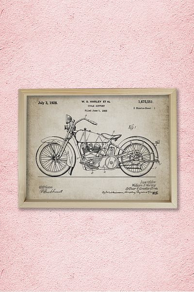 Dekor Loft Pictură de perete cu cadru de pin natural, brevetul motocicletei americane clasice din 1928